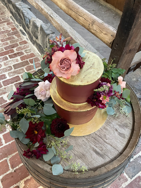 2 Tier Burgundy Cake with Gold & Fresh Flowers