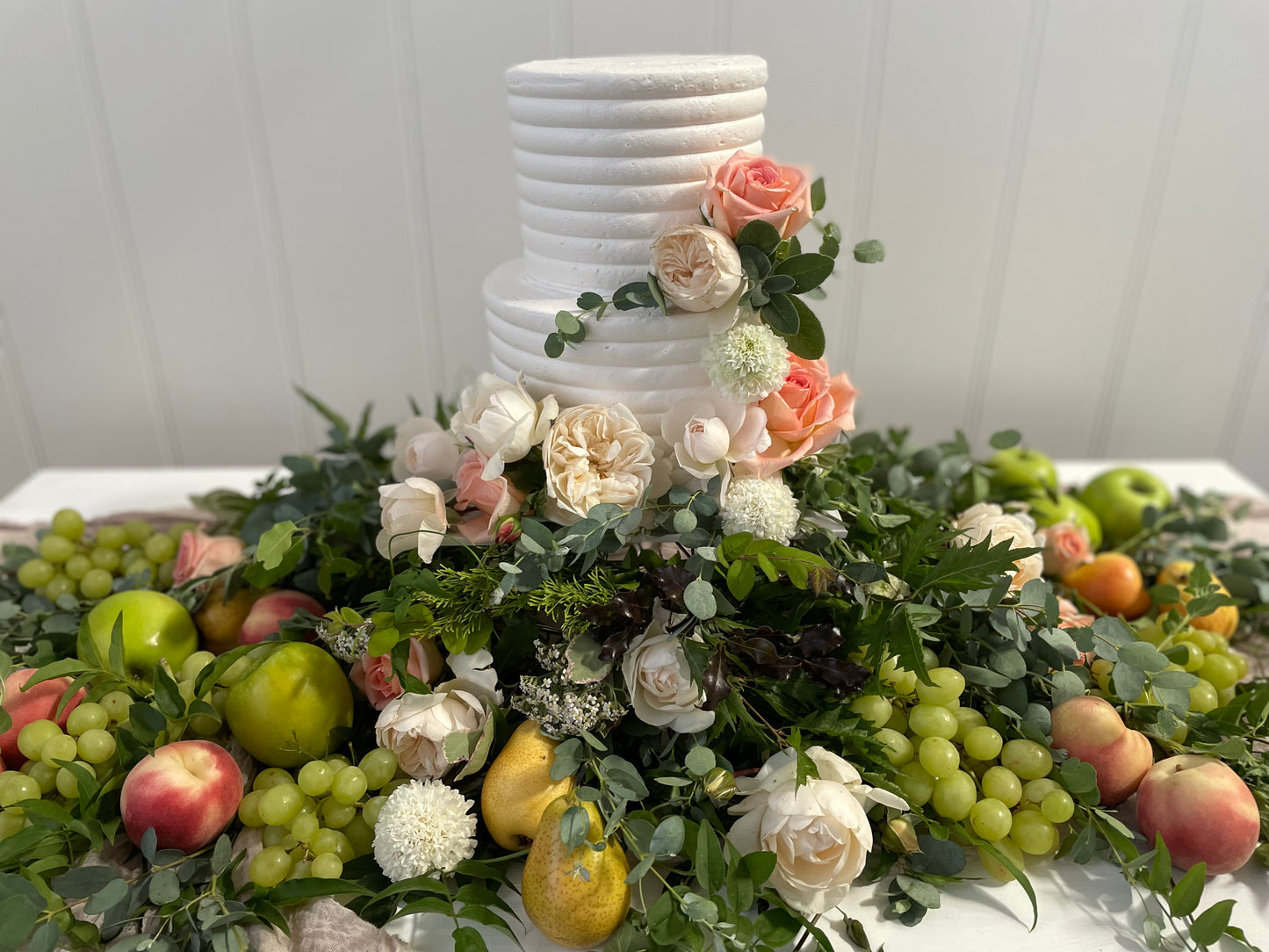 2 Tier Line Buttercream with Peach, White & Fruit
