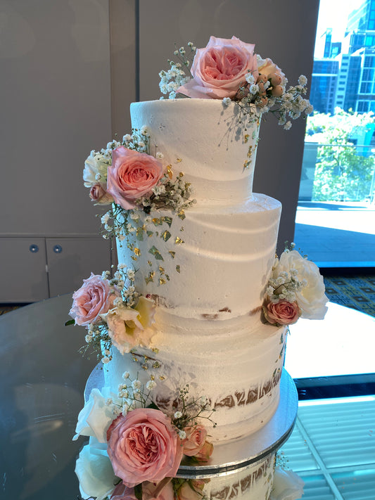 3 Tier Semi Naked with Pink Flowers & Gold Foil