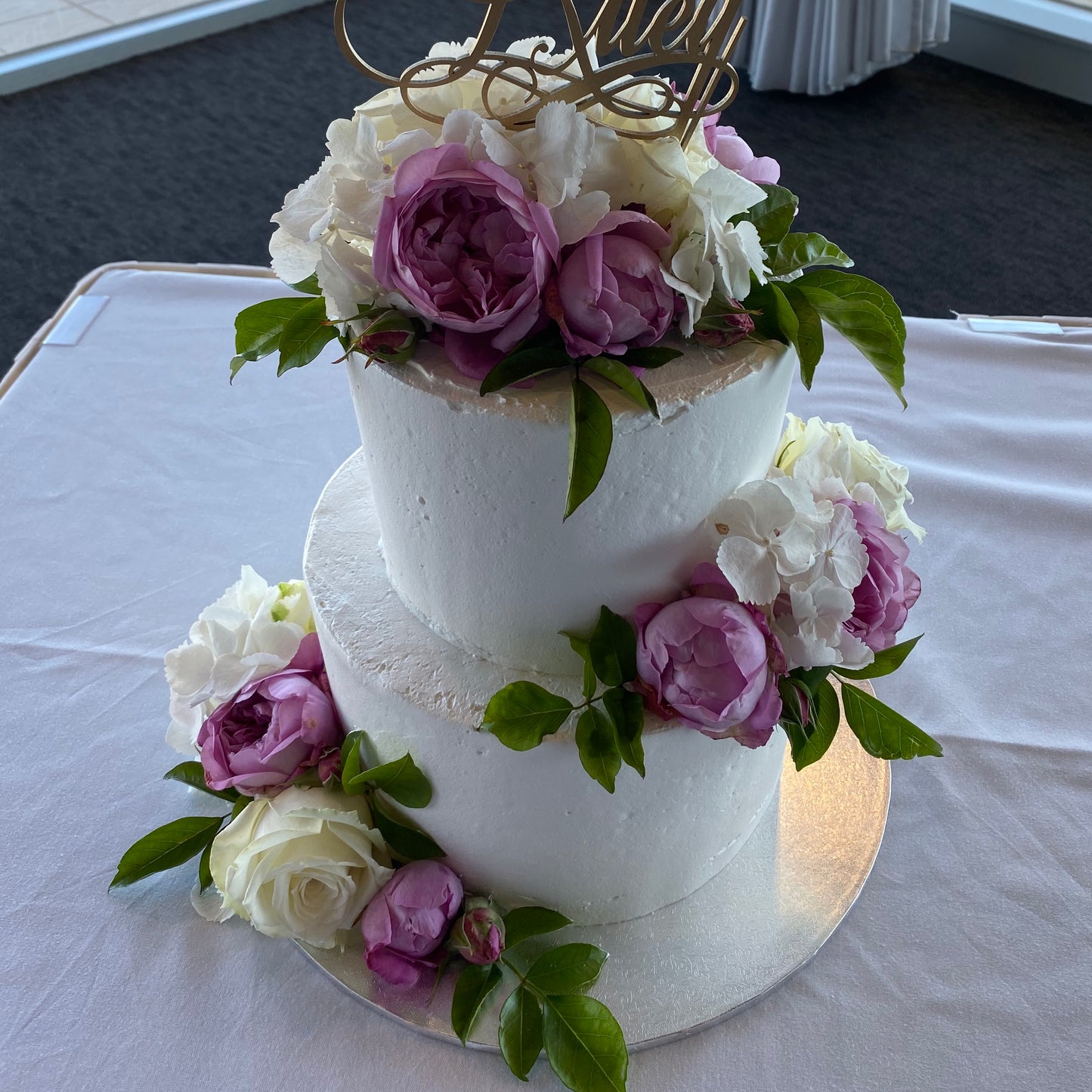 2 Tier Smooth Buttercream with Purple Flowers