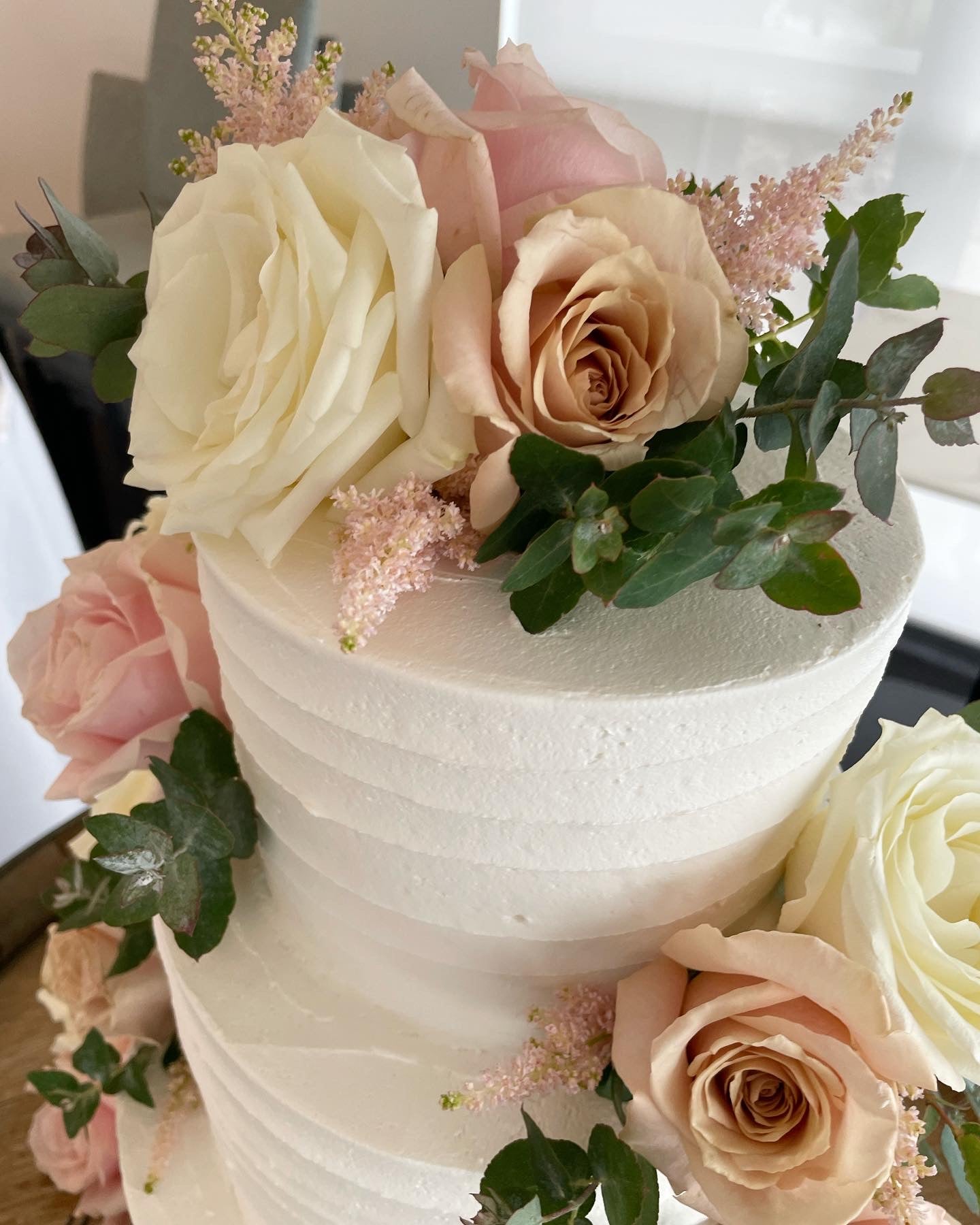 3 Tier Lined Buttercream Pink & White Flowers