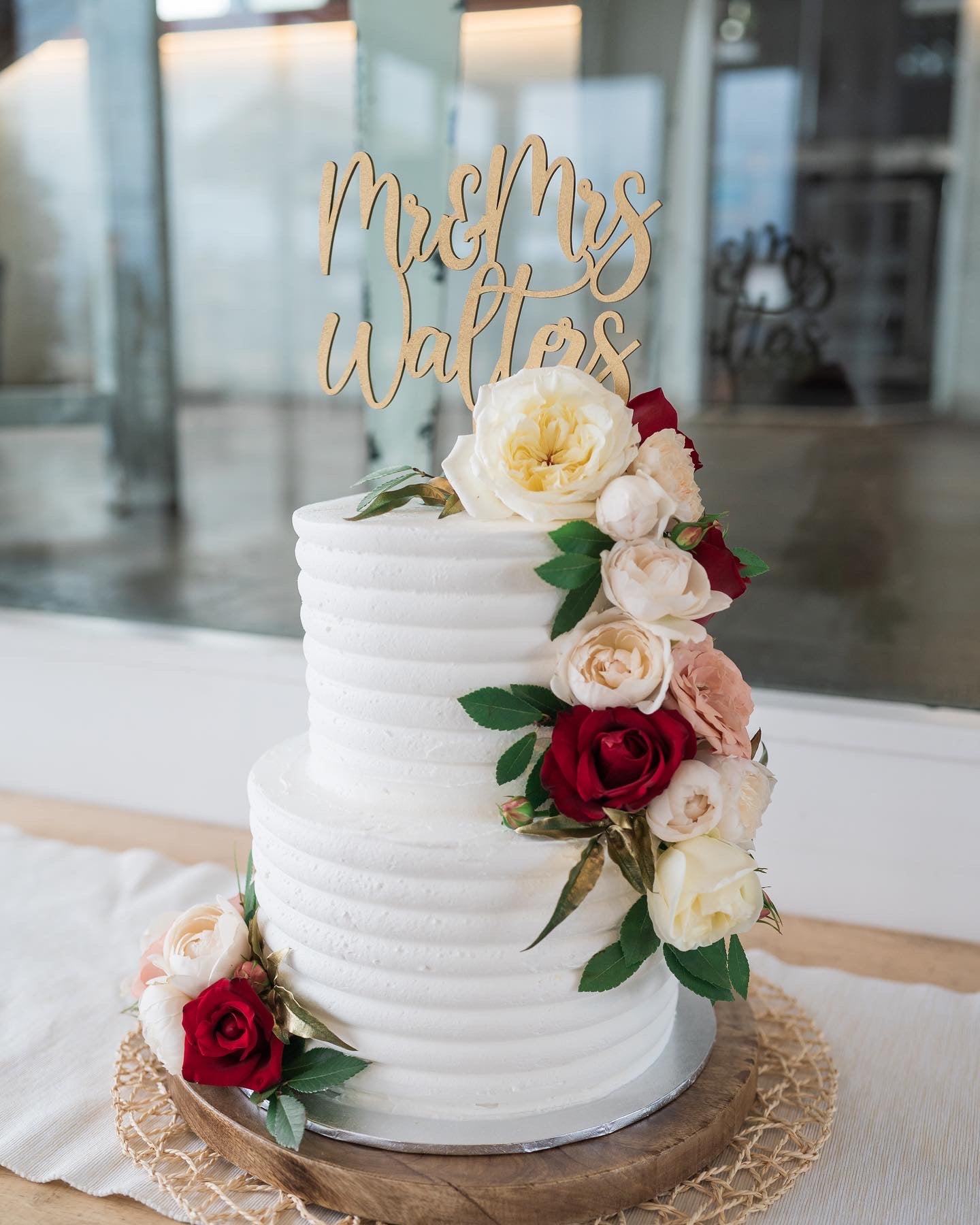 2 Tier Line Buttercream with Red, White & Blush Flowers