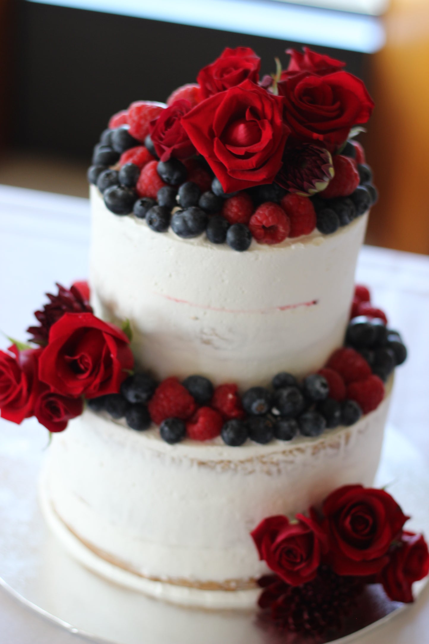 2 Tier Semi Naked With Berries and Red Roses