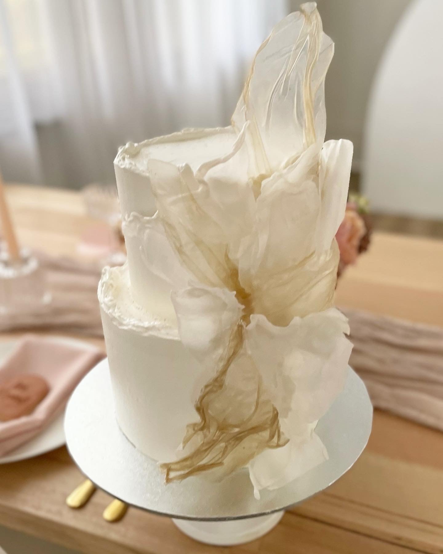 2 Tier Ivory Buttercream Cake with Rice & Wafer Paper Sails