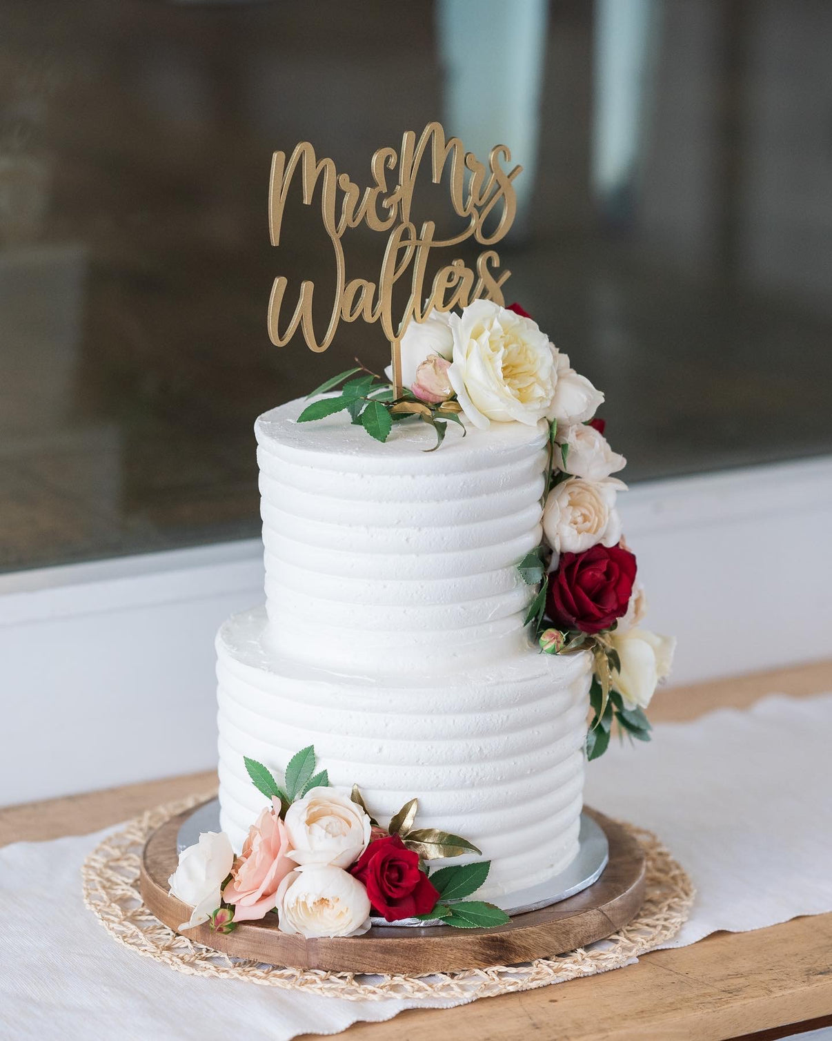 2 Tier Line Buttercream with Red, White & Blush Flowers – Regnier Cakes