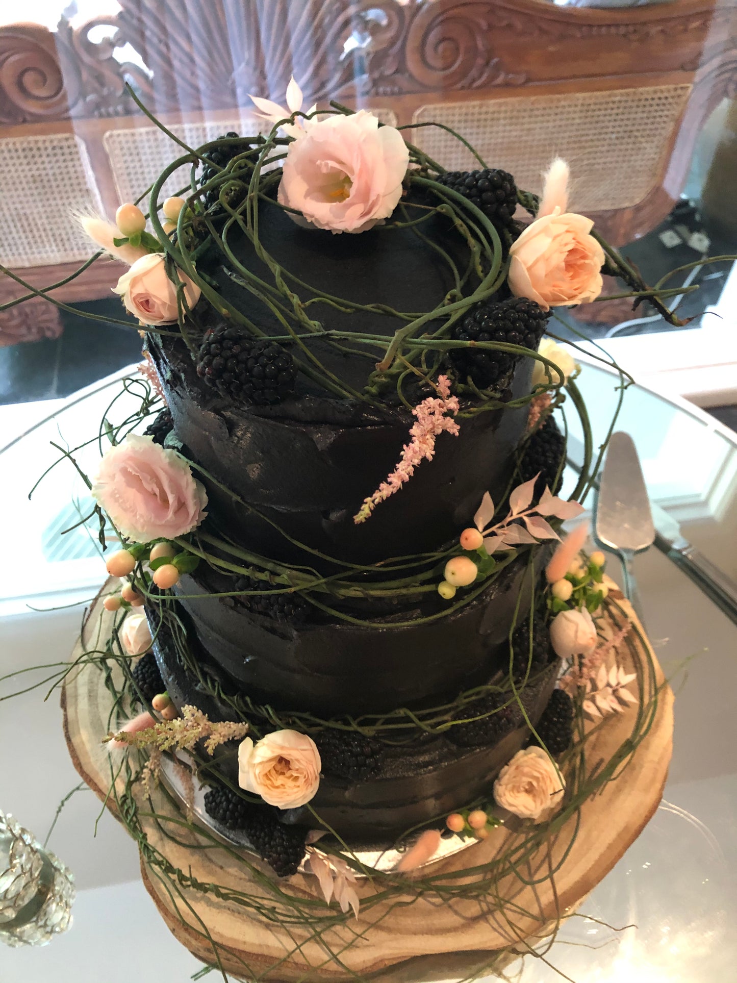 3 Tier Black Buttercream Cake with Flowers