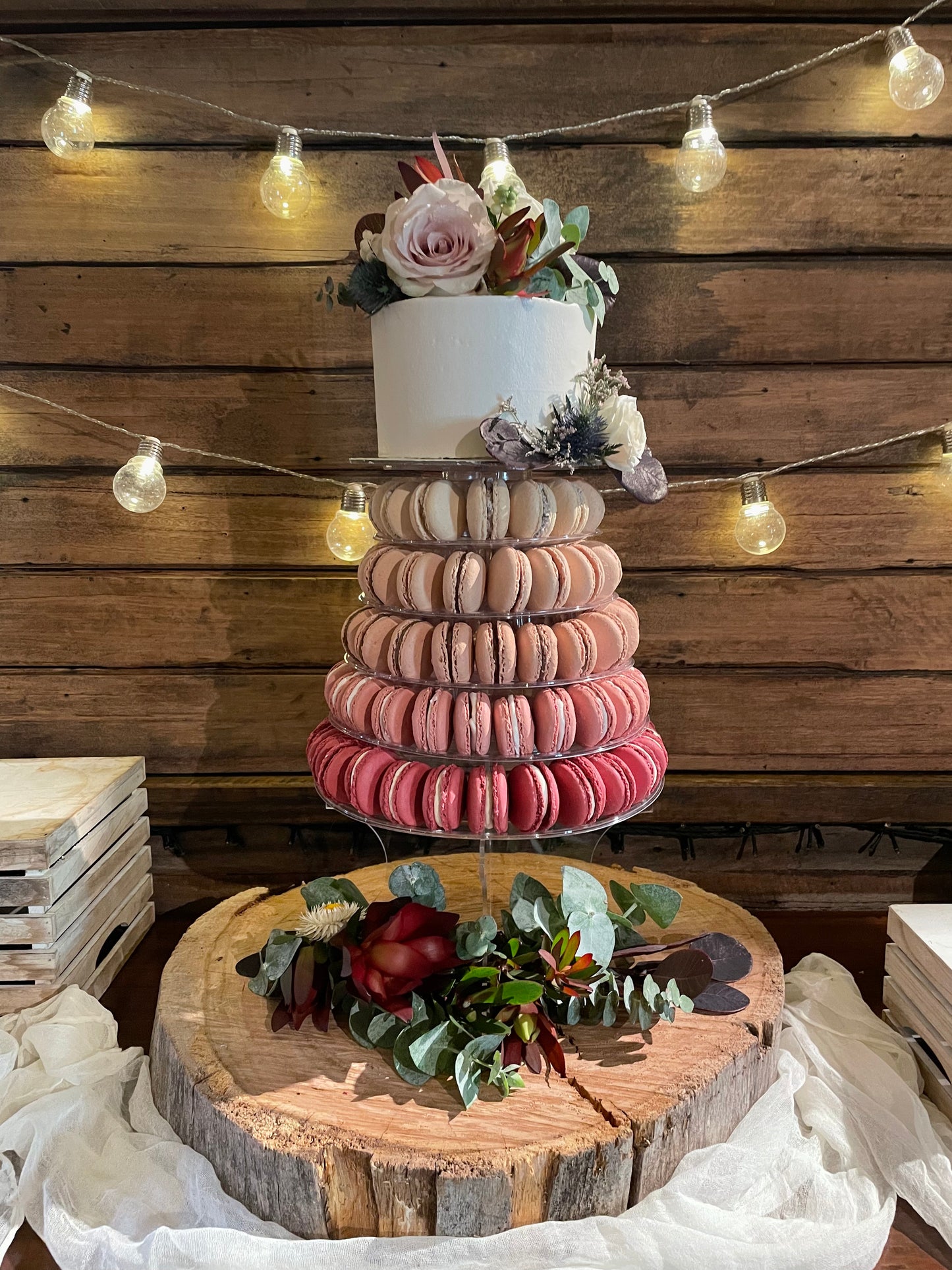 Ombré Macaron Tower in Pinks with Fresh Native Flowers