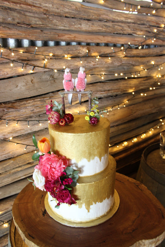 2 Tier Gold & White Buttercream with Bright Flowers
