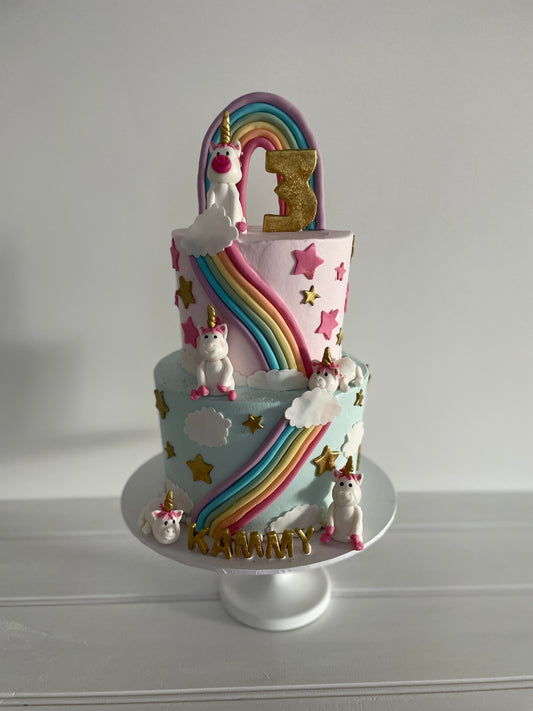 2 Tier Flying Unicorn Cake With Rainbows