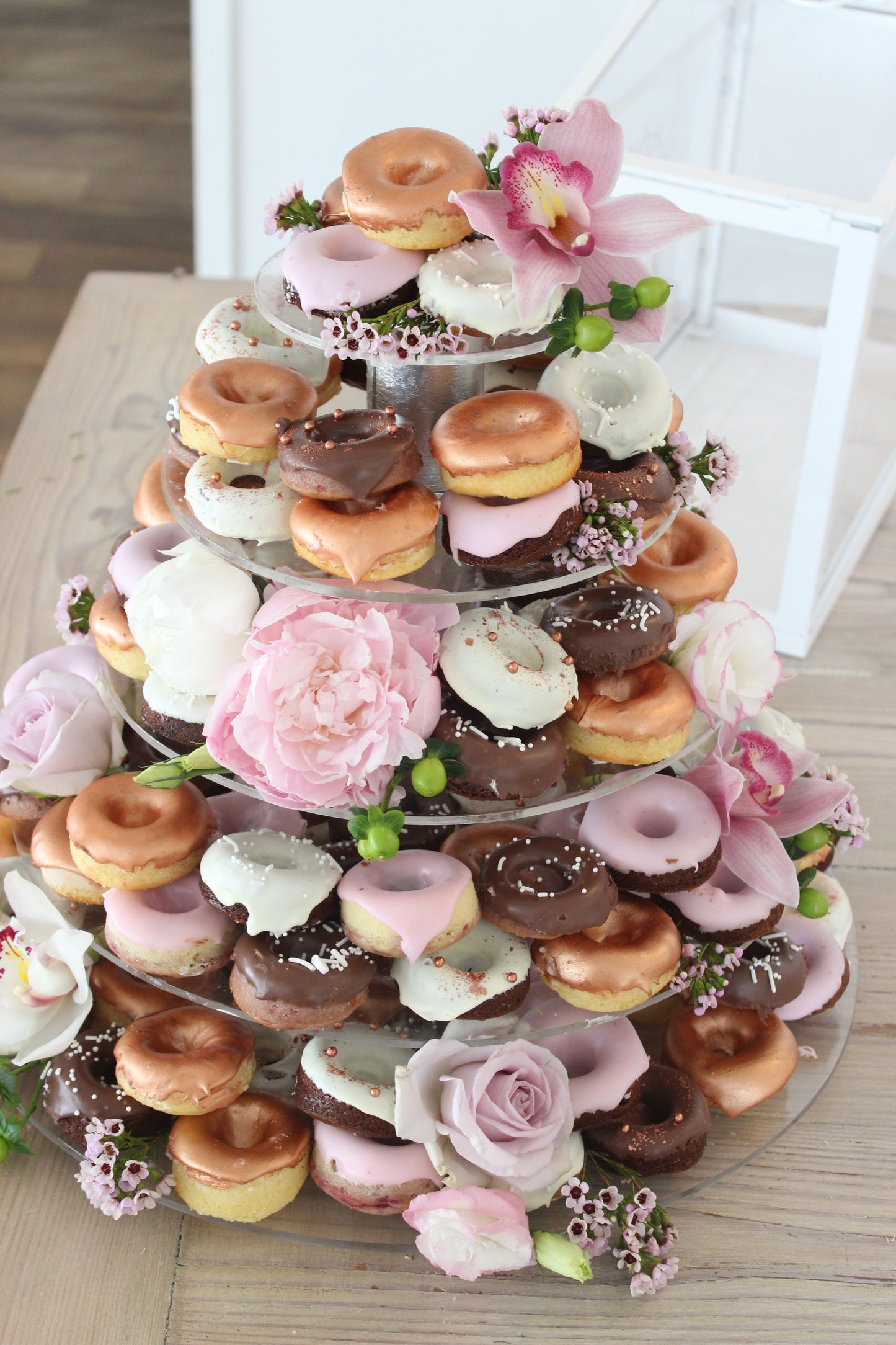 Donut Tower in Rose Gold, Chocolate & pink