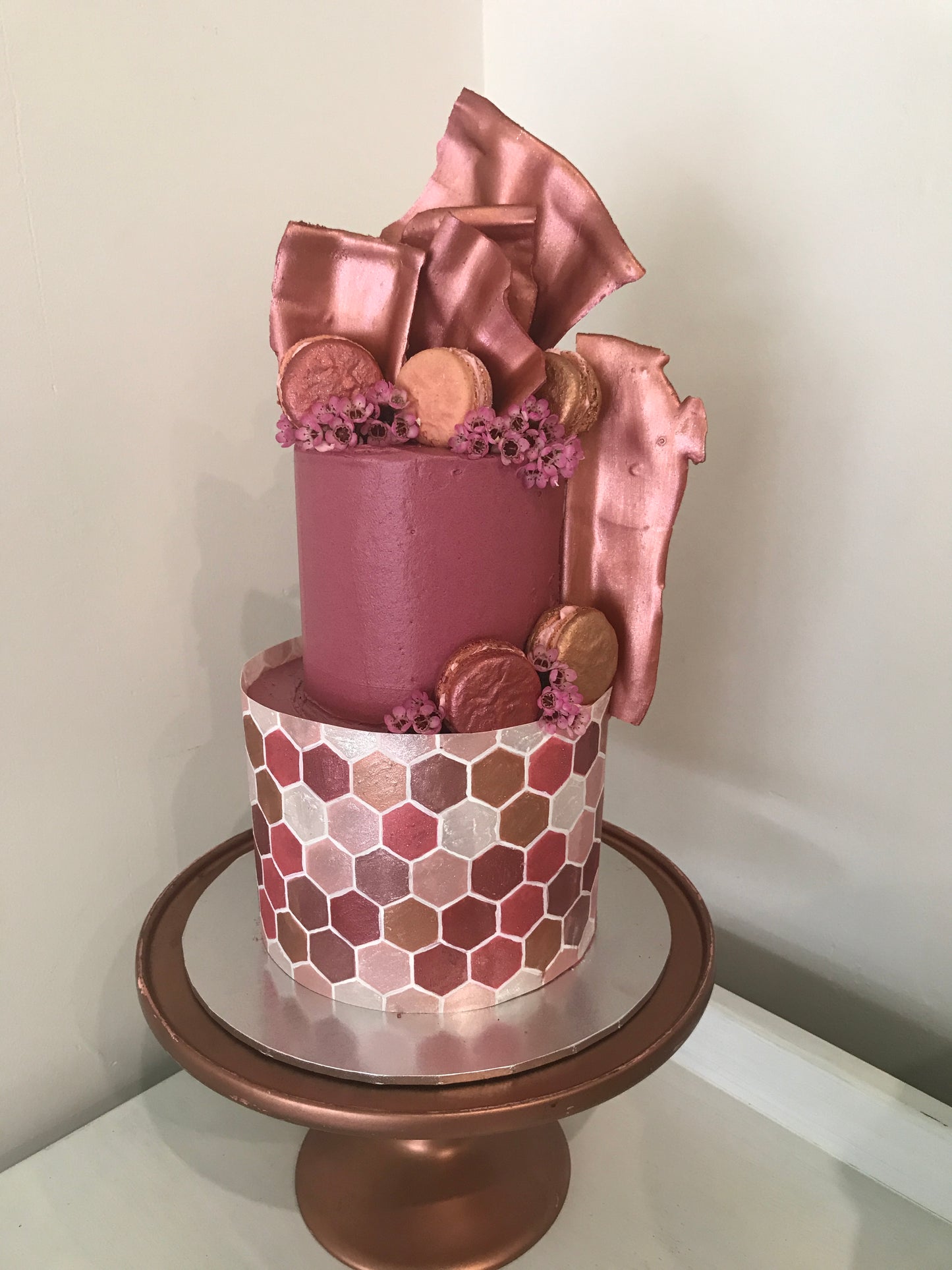 2 Tier Pink Metallic Hexagon Cake