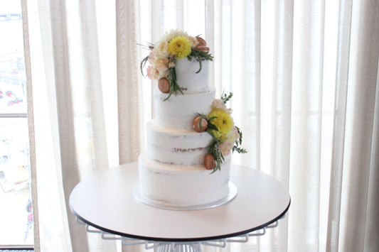 4 Tier Semi Naked with Flowers and Rose Gold Macarons