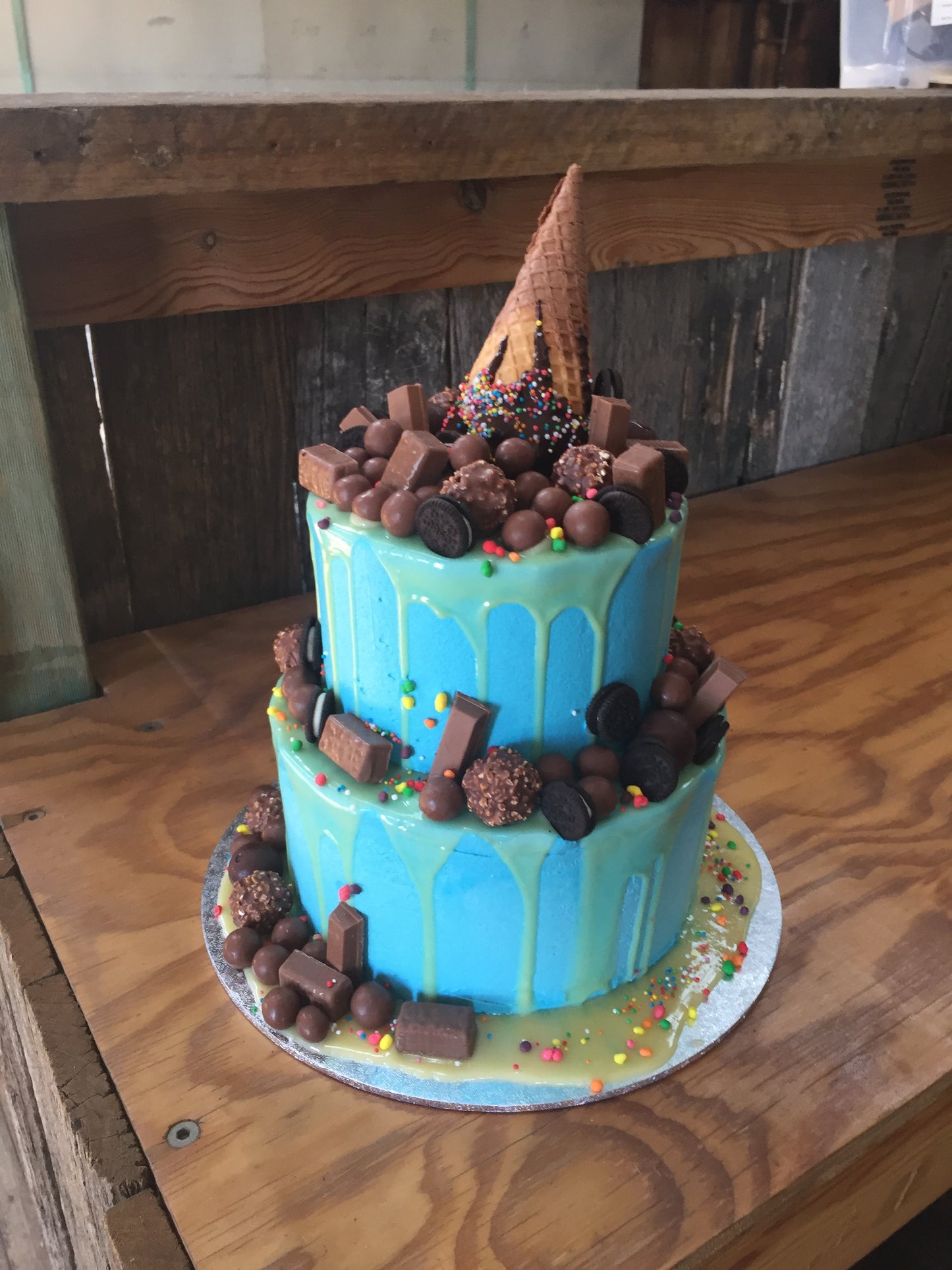 Blue Buttercream Cake with Chocolates & Ice Cream Cone