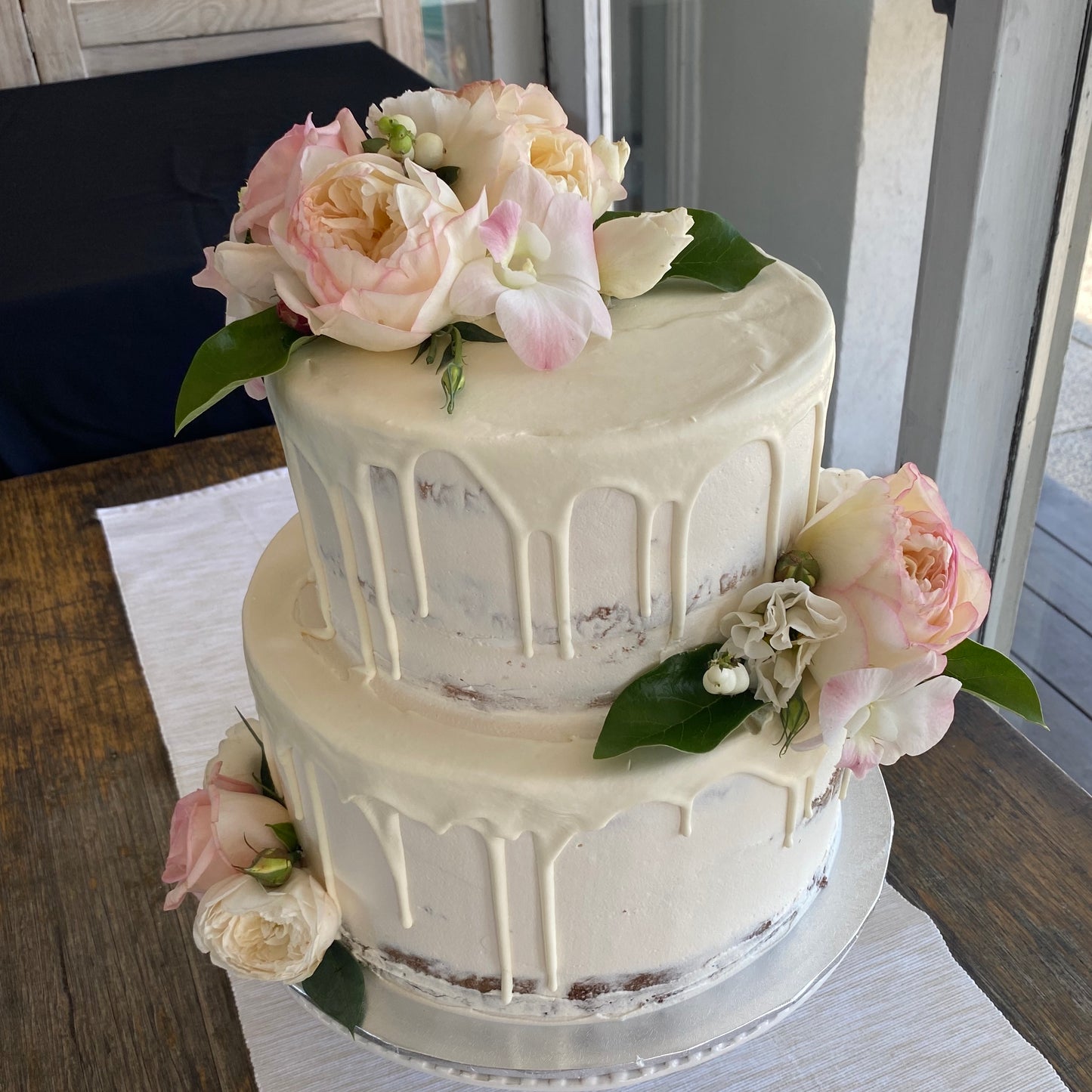 2 Tier Semi Naked With Drizzle & Pink Flowers