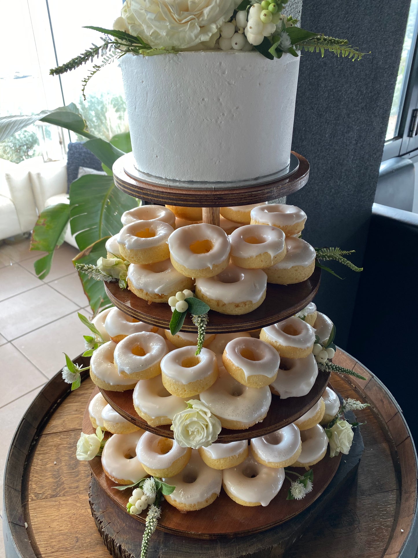 Donut tower in White with White Flowers