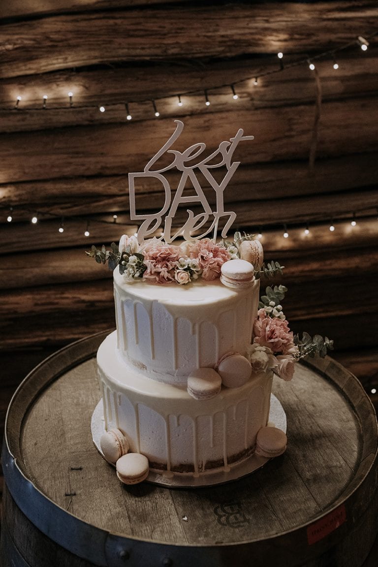 2 Tier Semi Naked with Drizzle, Macaron’s & Flowers