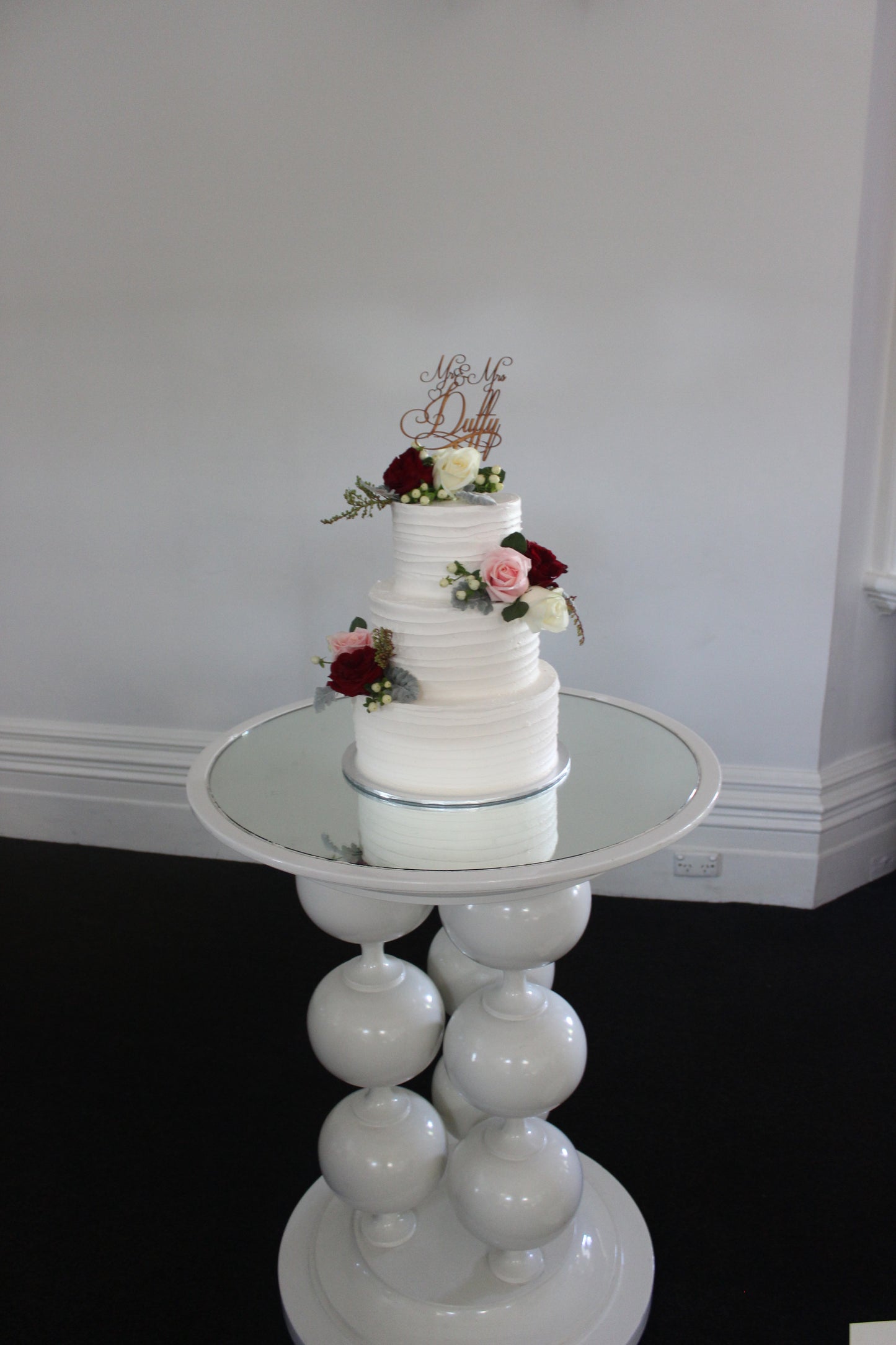 3 Tier Lined Buttercream with Red & Pink Flowers