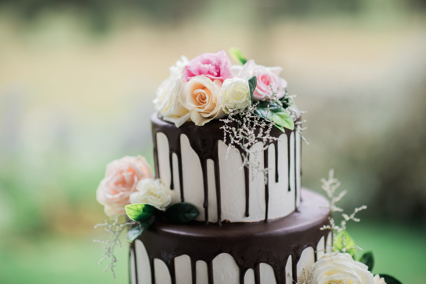 3 Tier Buttercream with Chocolate Drizzle & Pastel Flowers