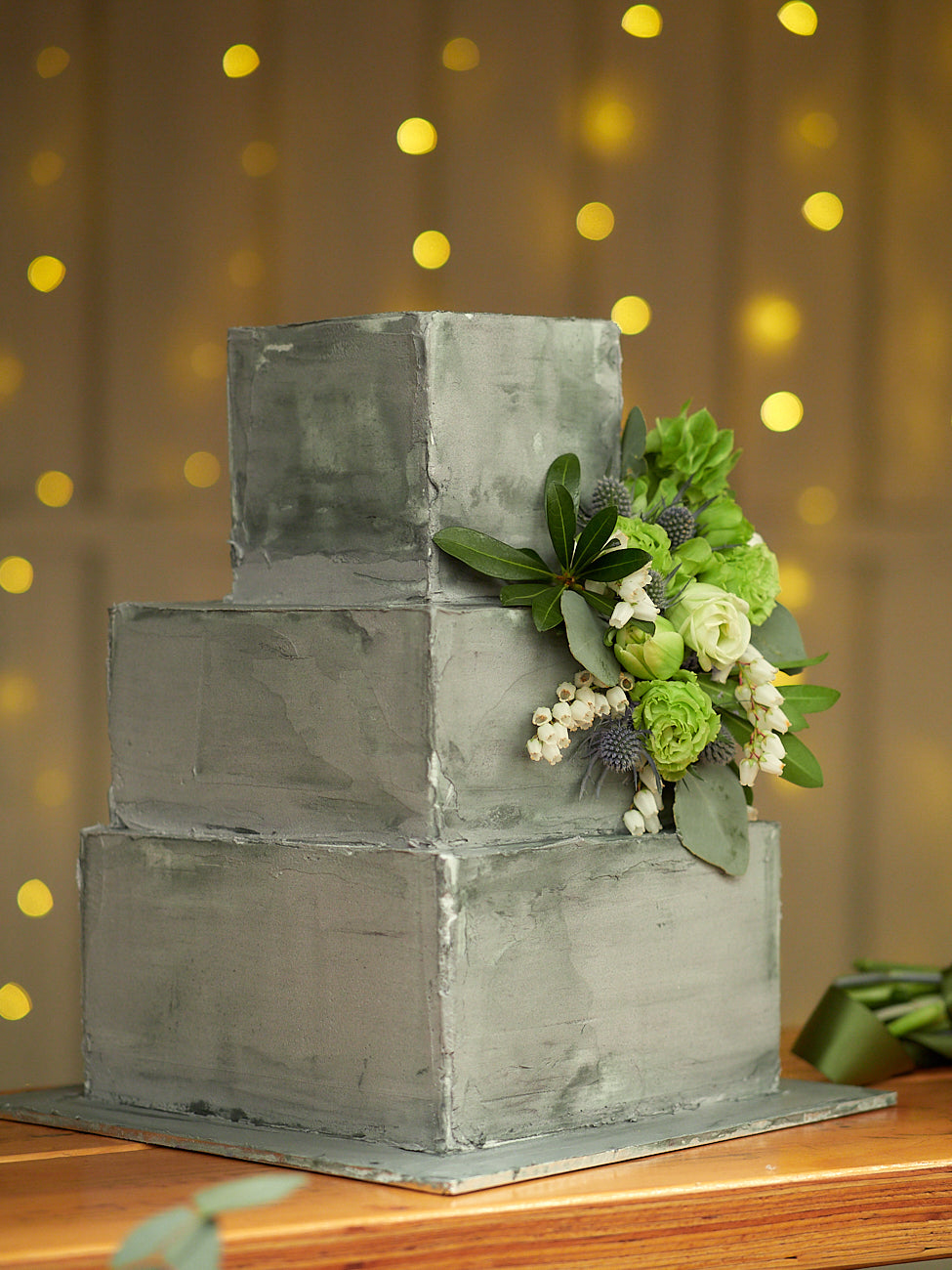 3 Tier Square Concrete Cake with Green Flowers