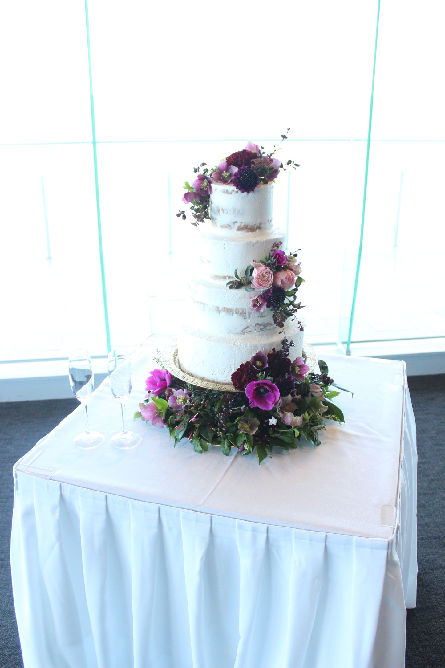 4 Tier Semi Naked with Pink & Purple Flowers
